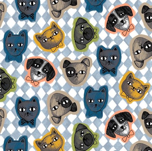 Tecido Cães e Gatos Vintage Azul | Poppy