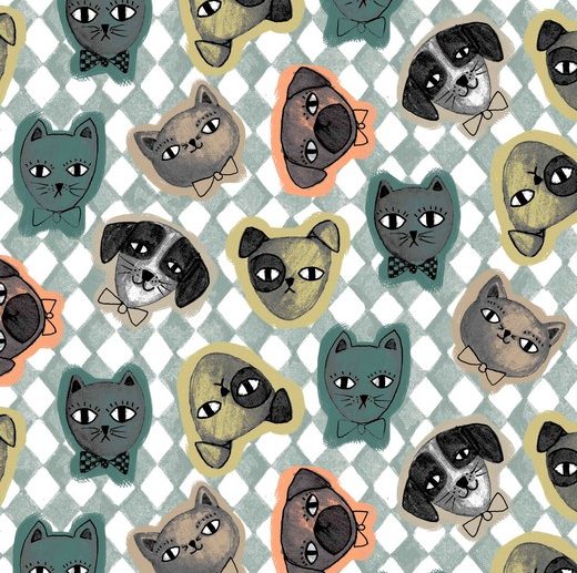 Tecido Cães e Gatos Vintage Cinza | Poppy