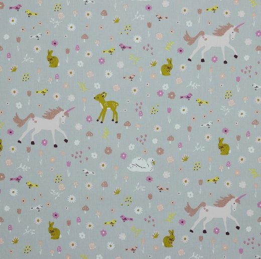 Tecido com Glitter Forest Friends Unicórnios Cinza Claro | Poppy