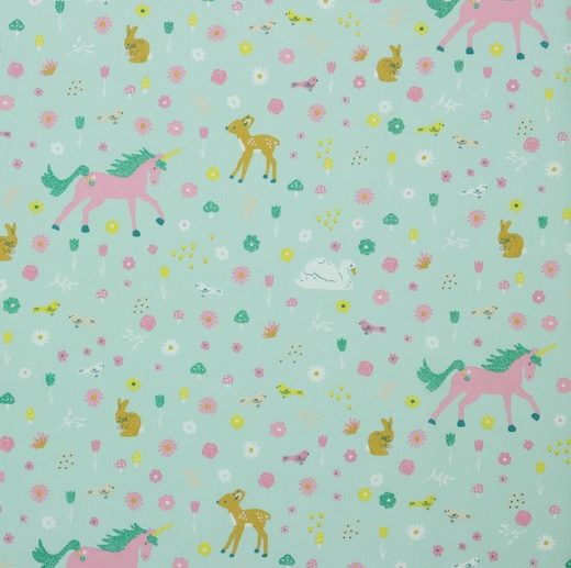 Tecido com Glitter Forest Friends Unicórnios Menta Claro | Poppy