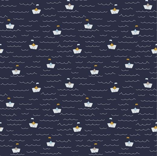 Tecido Day At the Beach Barcos Papel Azul Navy | Poppy