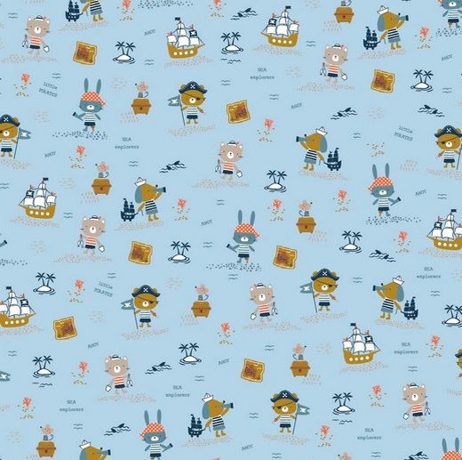 Tecido de Algodão Orgânico Piratas Animais Azul Claro | Poppy
