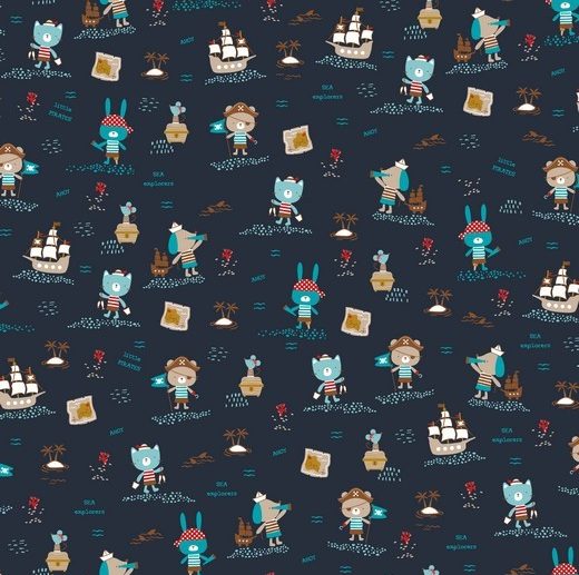 Tecido de Algodão Orgânico Piratas Animais Azul Marinho | Poppy