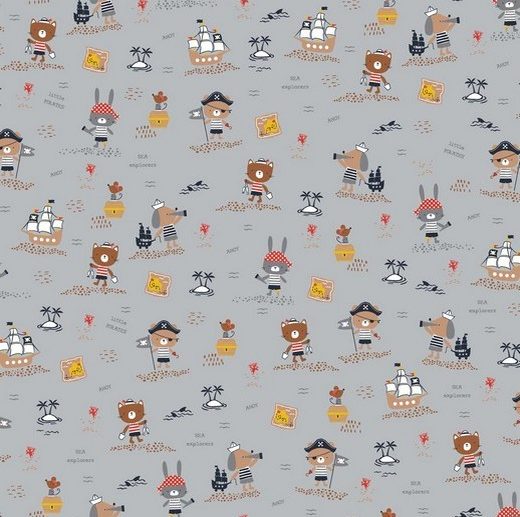 Tecido de Algodão Orgânico Piratas Animais Cinza Claro | Poppy