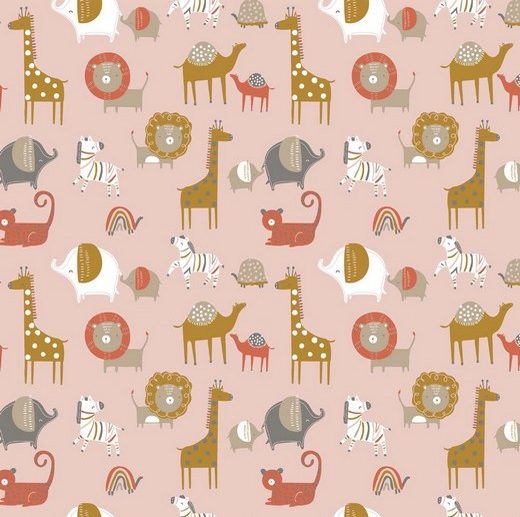 Tecido de Algodão Orgânico Safari Friends Animais Rosa | Poppy