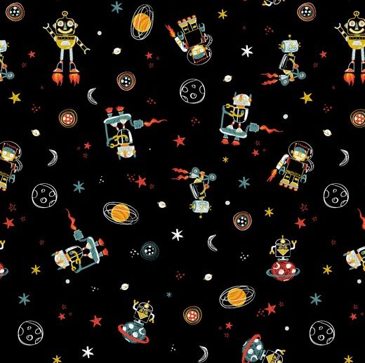 Tecido Espaço Robots Preto | Poppy