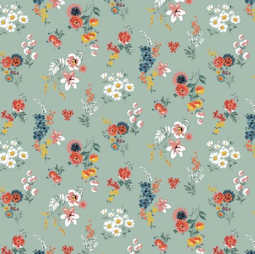 Tecido Floral Bouquet Flores Verde Vintage | Poppy