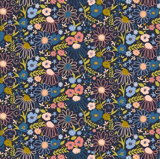 Tecido Floral Colorful Flowers Azul Marinho/Navy | Poppy