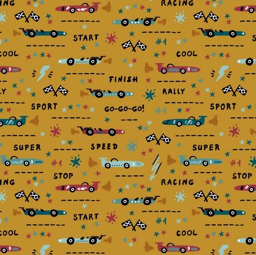 Tecido Go Go Cars Carros Corrida Mostarda/Ocre | Poppy