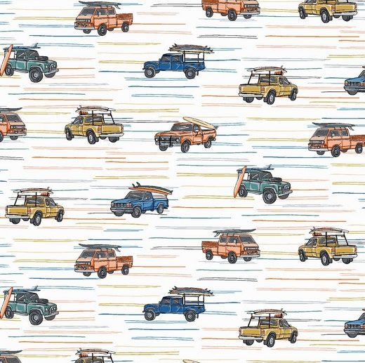 Tecido Let’s Go to the Beach Carros Surf Branco | Poppy