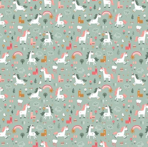 Tecido Happy Unicorns Verde Velho | Poppy