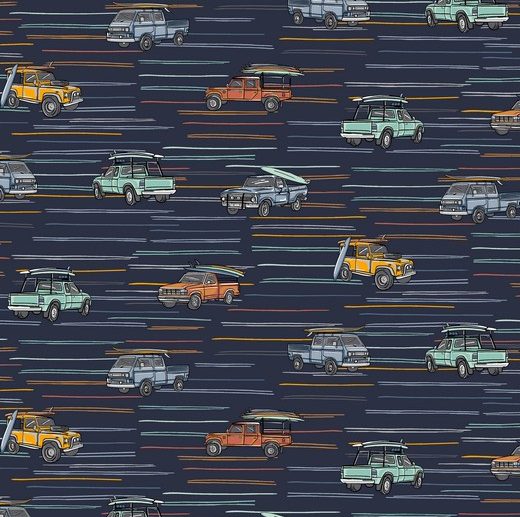 Tecido Let’s Go to the Beach Carros Surf Azul Marinho/Navy | Poppy