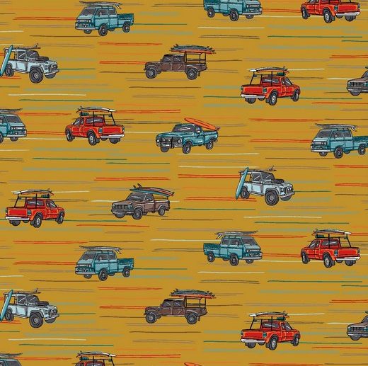 Tecido Let’s Go to the Beach Carros Surf Ocre/Mostarda | Poppy