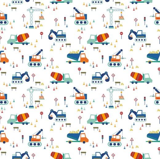 Tecido Little Construction Carros Obras Branco | Poppy