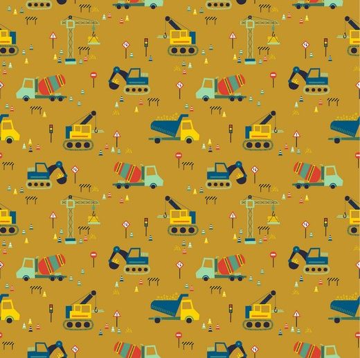 Tecido Little Construction Carros Obras Mostarda/Ocre | Poppy