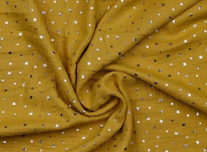 Musselina/Gaze Dupla Estrelas Prateadas Mostarda/Ocre