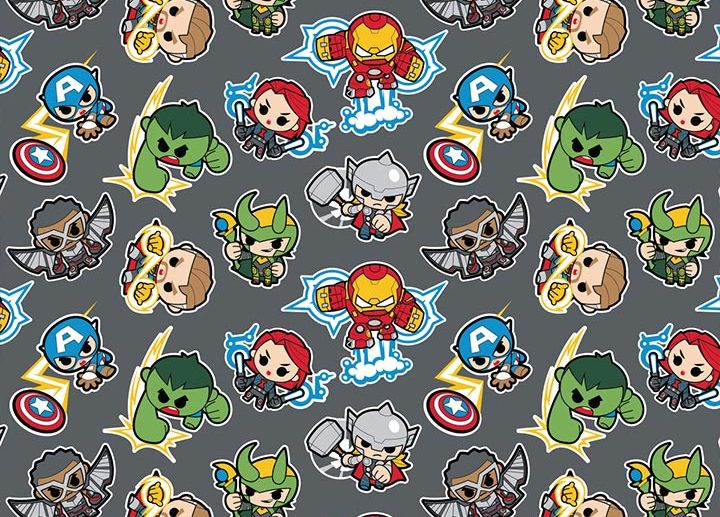 Tecido Super-Heróis Marvel Avengers Kawaii Cinza