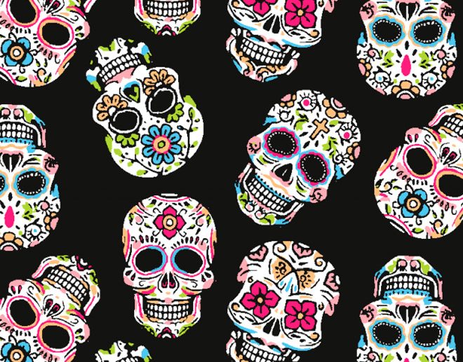 Tecido Angelica Dia dos Mortos Caveiras Preto