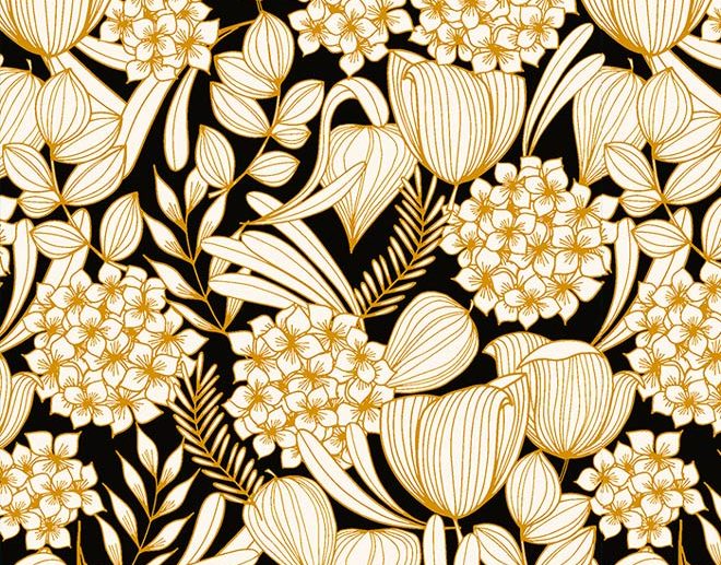 Tecido Bethany 1 Flores Mostarda & Preto