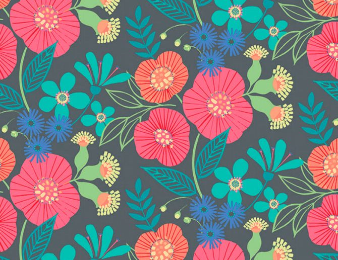 Tecido Blommor Flores Folk Antracite