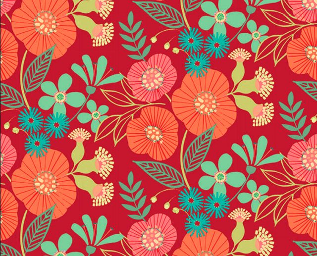 Tecido Blommor Flores Folk Vermelho
