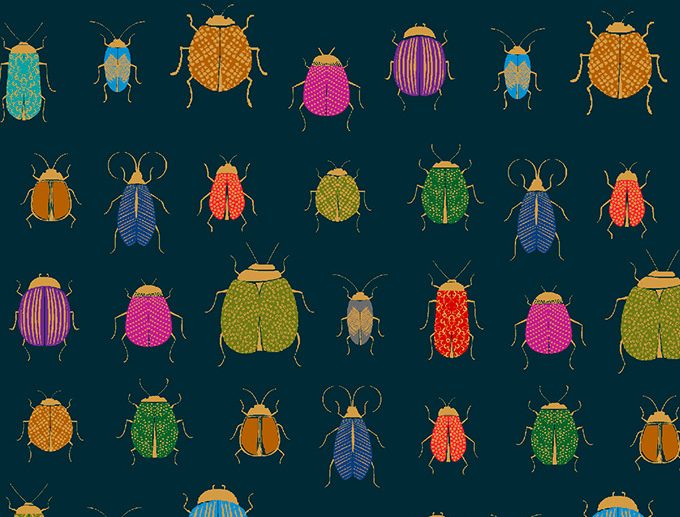 Tecido Scarab Escaravelhos Sorte Azul Marinho/Navy