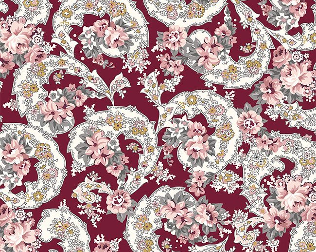 Tecido Exquisite Paisley Floral Burgundy Glitter Dourado | Riley Blake