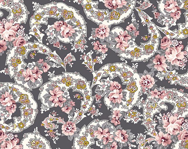 Tecido Exquisite Paisley Floral Cinza Carvão Glitter Dourado | Riley Blake