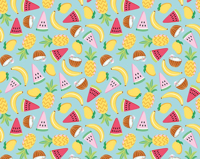 Tecido Rainbowfruit Let’s Get Coconuts Frutas Aqua | Riley Blake