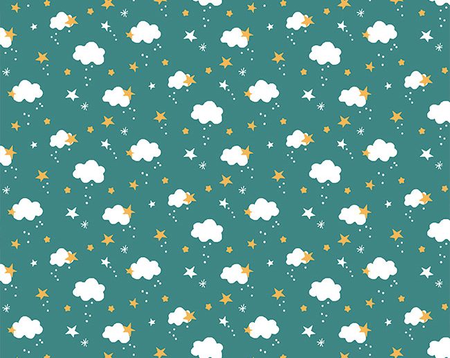 Tecido Snail Heaven Nuvens & Estrelas Esmeralda