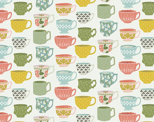 Tecido Tea with Bea Teatime Chávenas Branco Vintage | Riley Blake