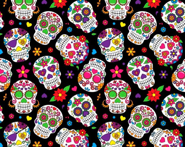 Tecido Fantasia Caveiras Mexicanas Dia dos Mortos Preto