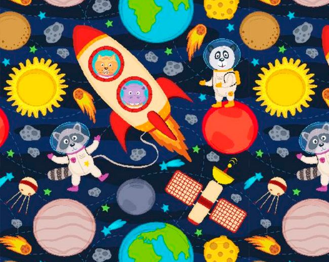Tecido Fantasia Espaço Animais Astronautas Multicor & Azul
