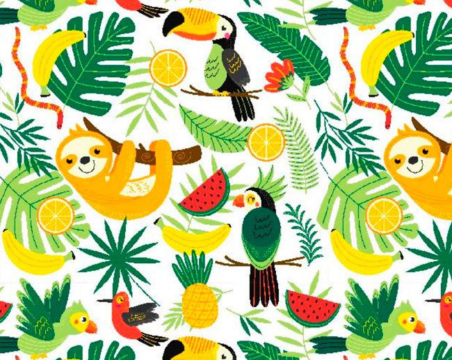 Tecido Fantasia Preguiças, Aves & Frutas Tropicais Multicor