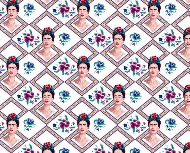 Tecido Frida Kahlo Floral & Losangos Azul Violeta