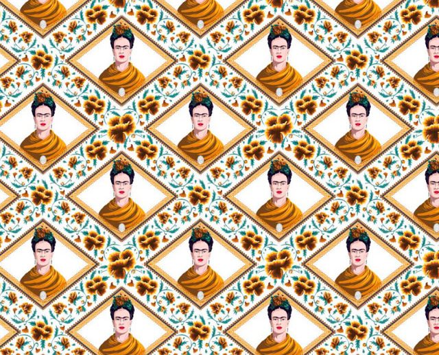 Tecido Frida Kahlo Floral & Losangos Mostarda/Ocre