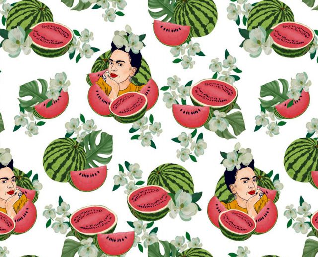Tecido Frida Kahlo Floral & Melancias Branco