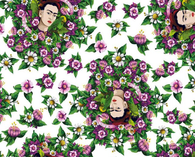 Tecido Frida Kahlo Floral & Papagaios Branco