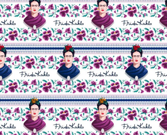 Tecido Frida Kahlo Floral & Riscas Azul Violeta