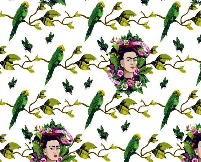 Tecido Frida Kahlo Papagaios & Folhas Branco
