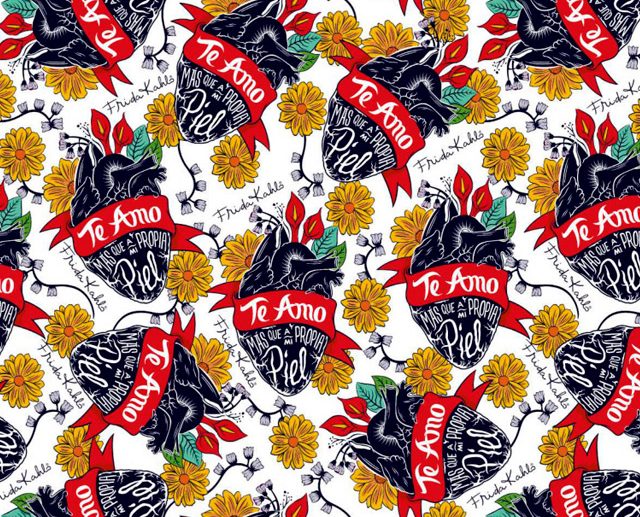 Tecido Frida Kahlo Te Amo Floral & Corações