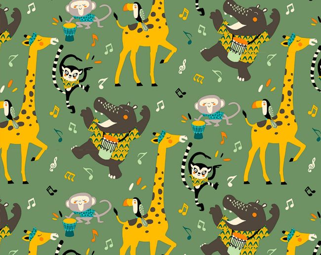 Tecido Jazzy Dança & Música Animais Verde Tropa/Khaki