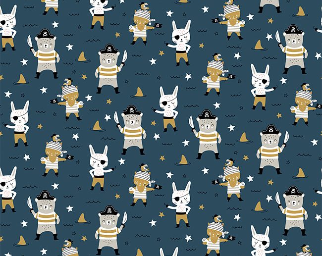 Tecido Ahoy! Animais Piratas Azul Marinho/Navy | Poppy