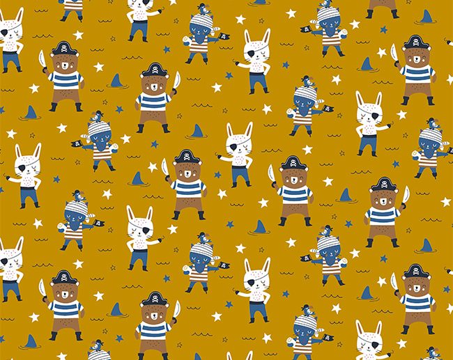 Tecido Ahoy! Animais Piratas Mostarda/Ocre | Poppy