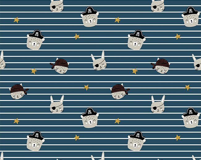 Tecido Ahoy! Animais Piratas Riscas Azul Marinho/Navy | Poppy