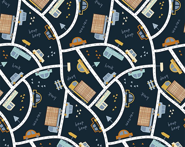 Tecido Crazy Road Carros & Estradas Azul Marinho/Navy | Poppy