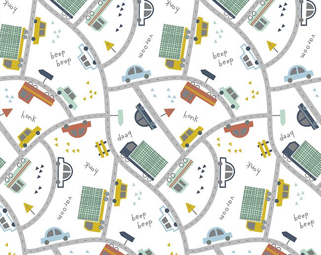 Tecido Crazy Road Carros & Estradas Branco | Poppy
