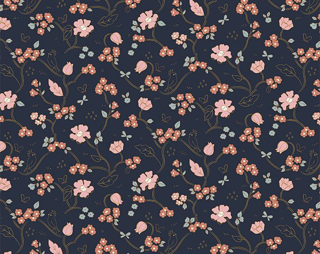 Tecido de Algodão Orgânico Delicate Garden Flores & Passarinhos Azul Marinho/Navy | Poppy
