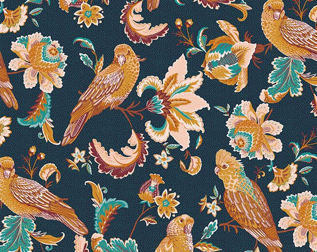 Tecido de Algodão Orgânico Floral Elegante & Pássaros Azul Marinho/Navy | Poppy
