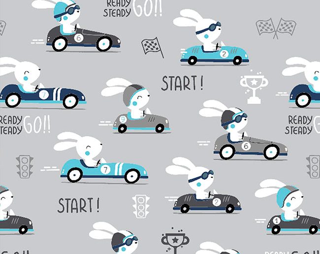 Tecido Fantasia Corrida Carros Coelhos Cinza